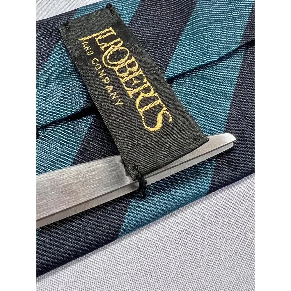 JL Roberts Tie Mens One Size Teal Black English Silk Repp Stripe 57in